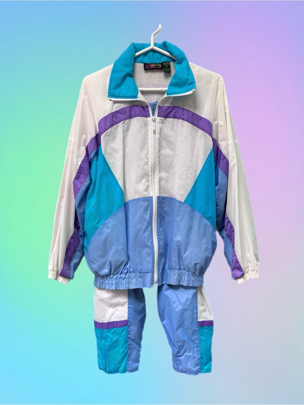 Vintage 80s Colorblock Windbreaker Tracksuit - Teal, Powder Blue, White & Purple